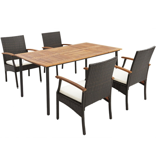 5 Pieces Patio Wicker Cushioned Dining Set with Wood Armrest and Umbrella Hole, Natural