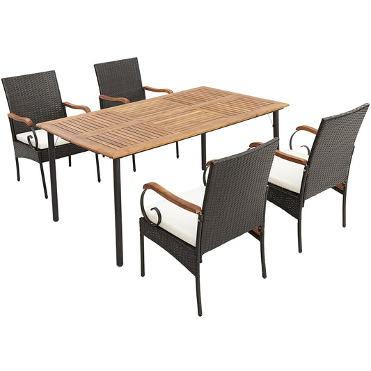 5 Pieces Patio Wicker Dining Set with Detachable Cushion and Umbrella Hole, Natural