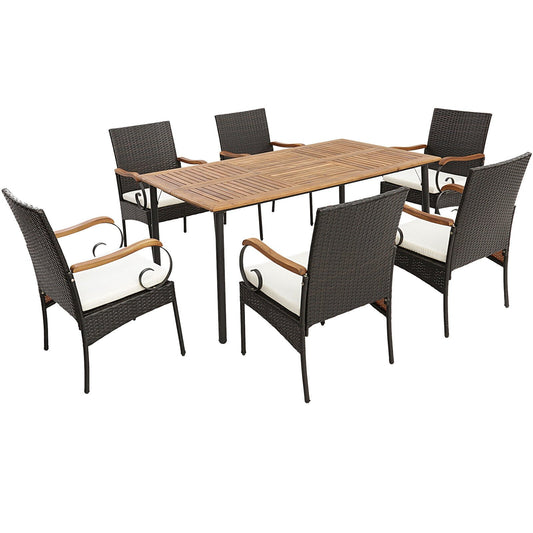 7 Pieces Patio Wicker Dining Set with Detachable Cushion and Umbrella Hole, Natural
