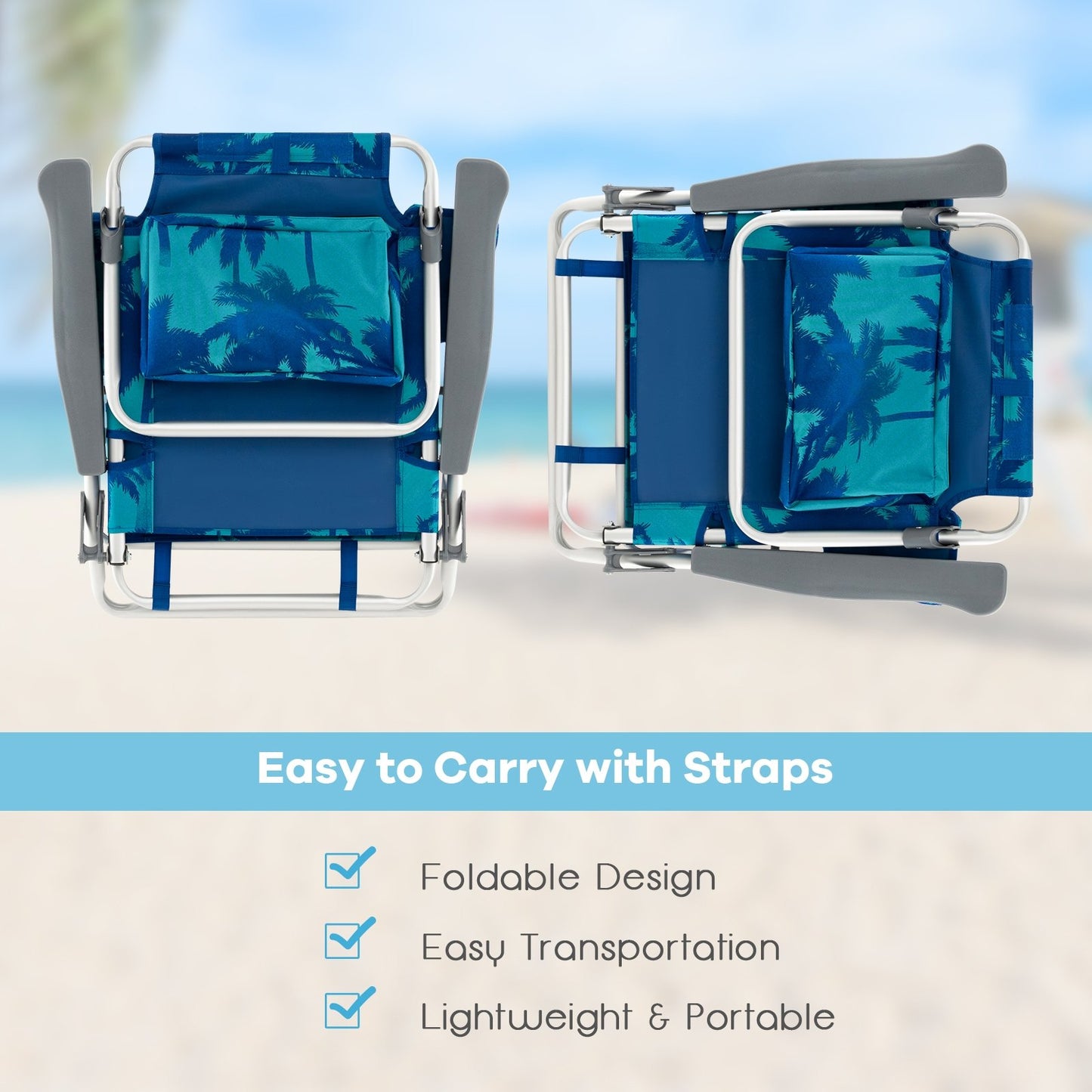2 Packs 5-Position Outdoor Folding Backpack Beach Table Chair Reclining Chair Set, Navy