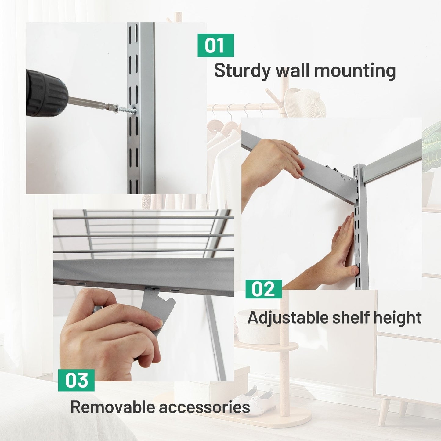 Custom Closet Organizer Kit 3 to 5 Feet Wall-Mounted Closet System with Hang Rod, Gray