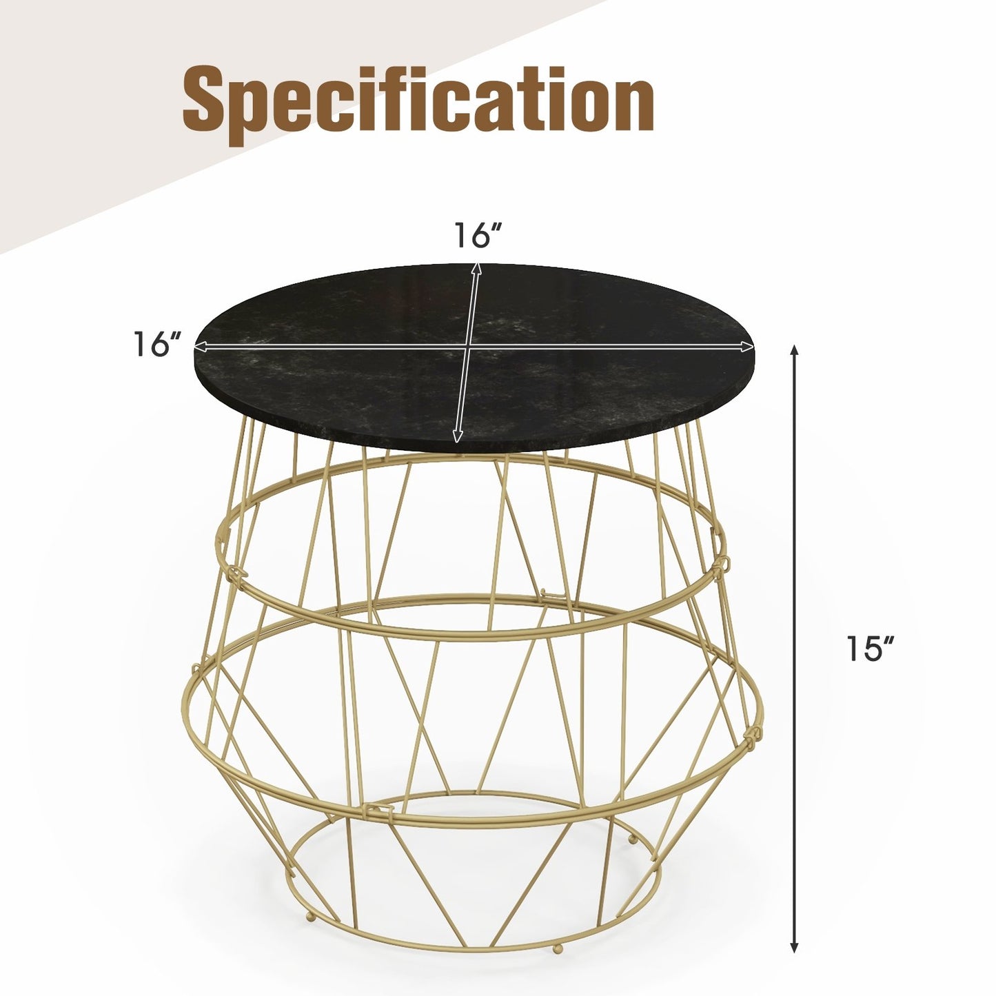 Round Metal Frame End Table with Removable Top, Golden