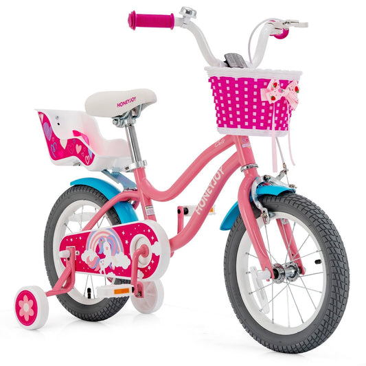Kids Bicycle with Training Wheels and Basket for Boys and Girls Age 3-9 Years-14", Pink