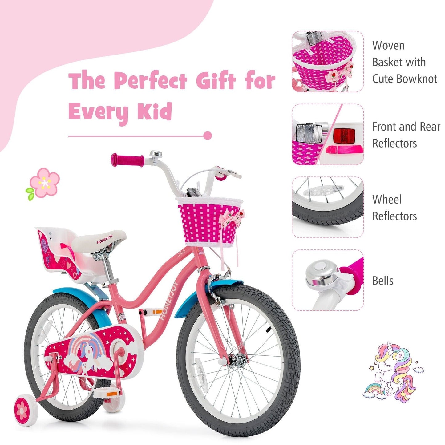Kids Bicycle with Training Wheels and Basket for Boys and Girls Age 3-9 Years-18", Pink