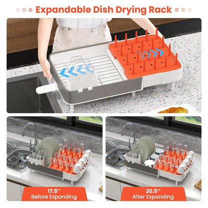Expandable Dish Drying Rack Adjustable Dual-Part Dish Drainer with Detachable Utensil Holder, Gray & White