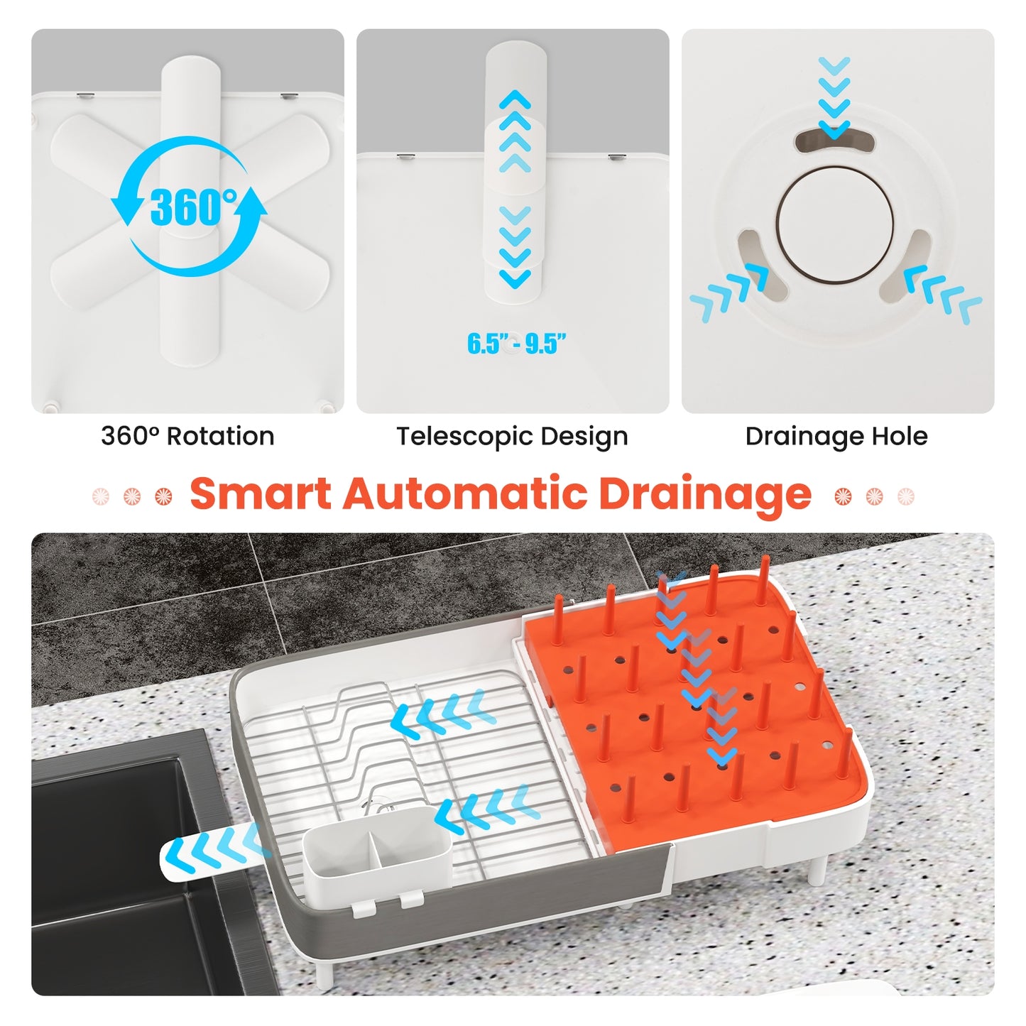Expandable Dish Drying Rack Adjustable Dual-Part Dish Drainer with Detachable Utensil Holder, Gray & White Dish Racks at Gallery Canada
