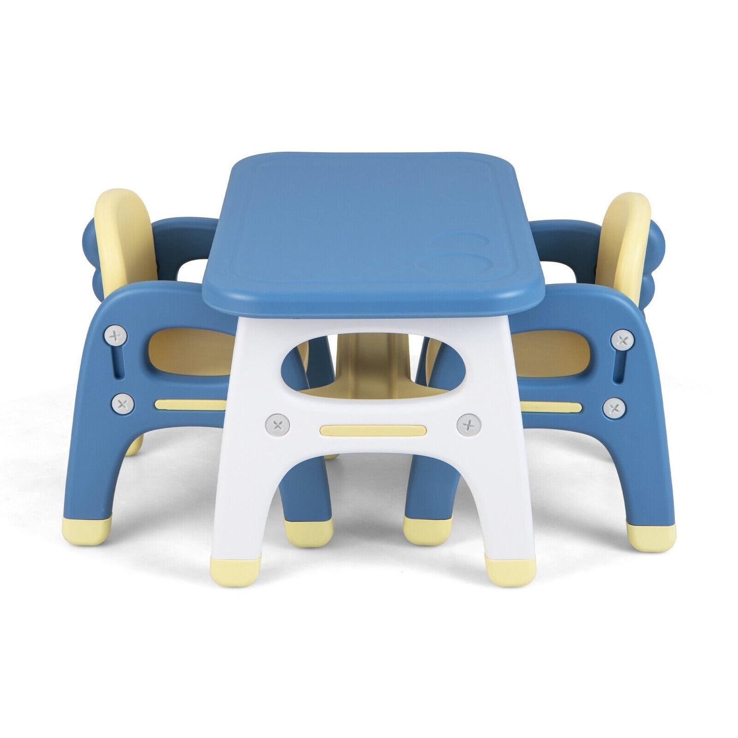 Kids Table and 2 Chairs Set with Storage Shelf and Building Blocks, Blue