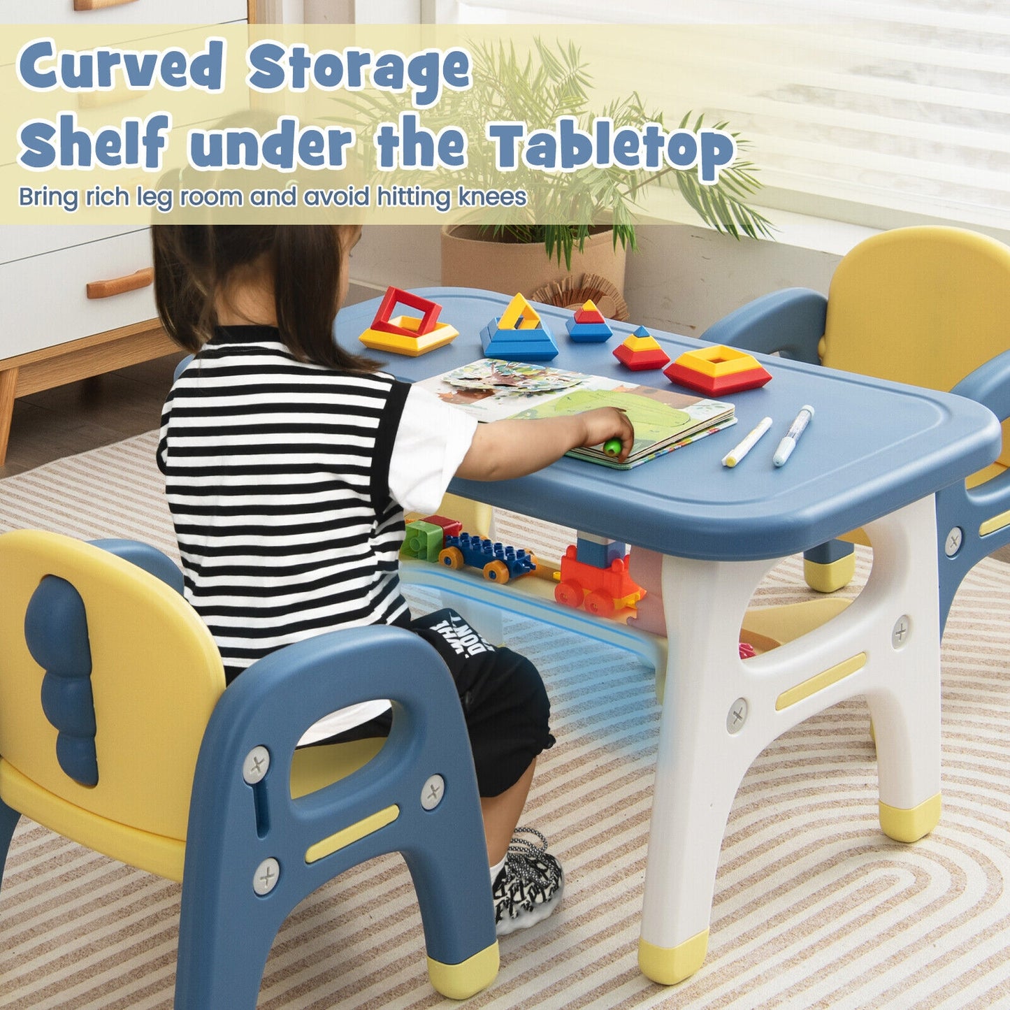 Kids Table and 2 Chairs Set with Storage Shelf and Building Blocks, Blue Kids Table & Chair Sets at Gallery Canada