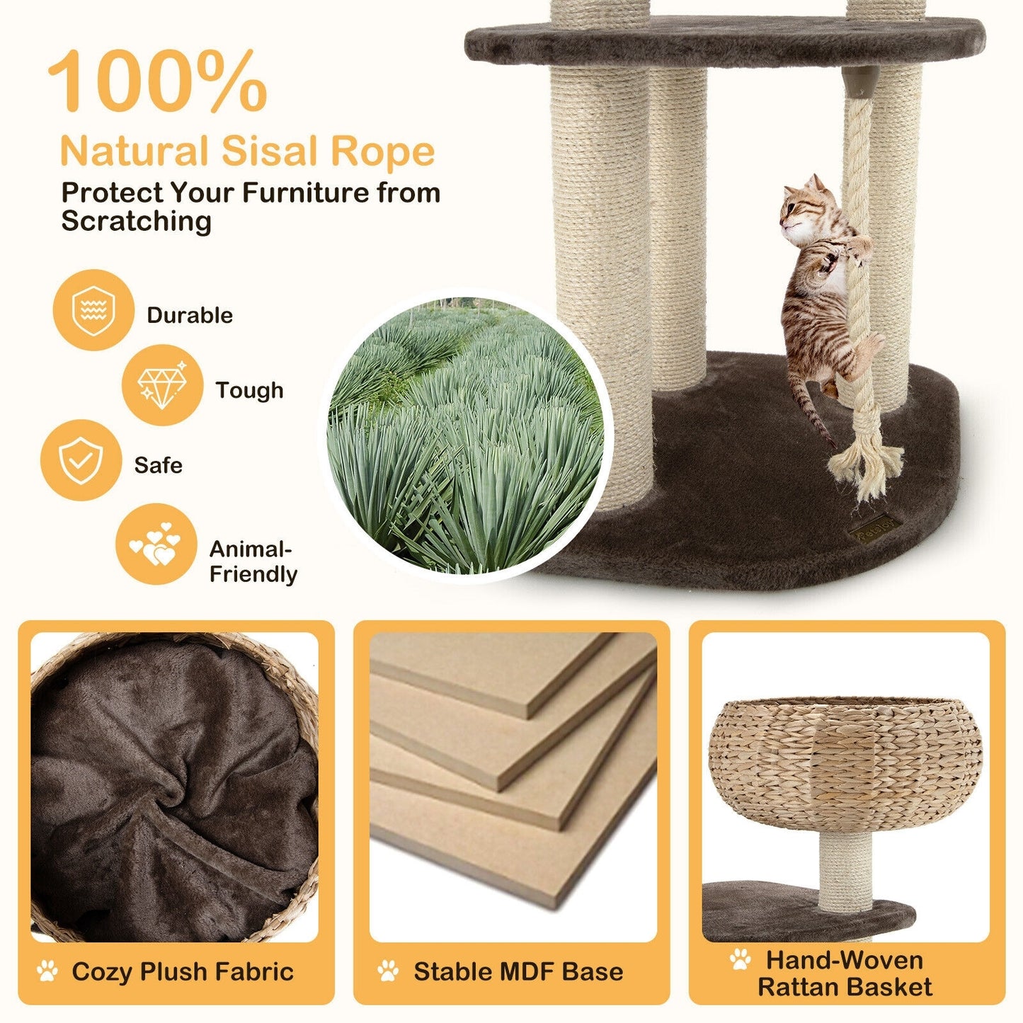 41 Inch Rattan Cat Tree, Napping Perch, Beige Cat Trees Condos & Scratchers at Gallery Canada