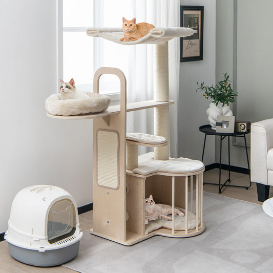 55 Inch Tall Multi-Level Cat Tree, Washable Removable Cushions, Natural Cat Trees Condos & Scratchers Natural at Gallery Canada