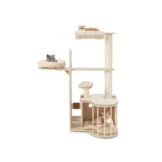55 Inch Tall Multi-Level Cat Tree with Washable Removable Cushions, Natural