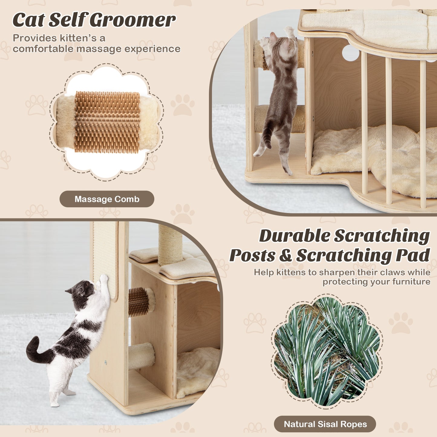 55 Inch Tall Multi-Level Cat Tree with Washable Removable Cushions, Natural Cat Trees Condos & Scratchers at Gallery Canada