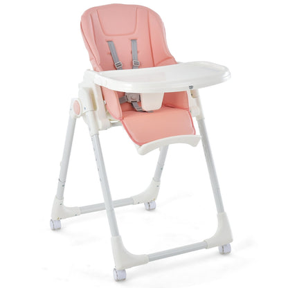 Folding High Chair with Height Adjustment and 360° Rotating Wheels, Pink
