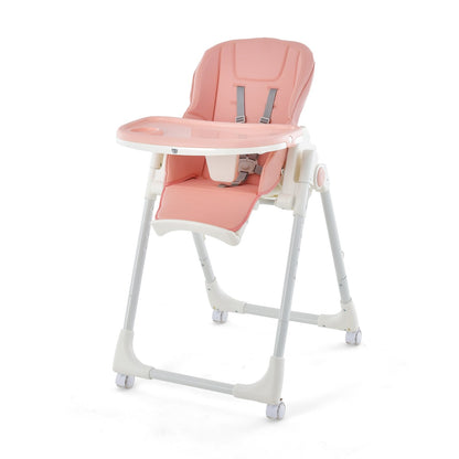 Folding High Chair with Height Adjustment and 360° Rotating Wheels, Pink
