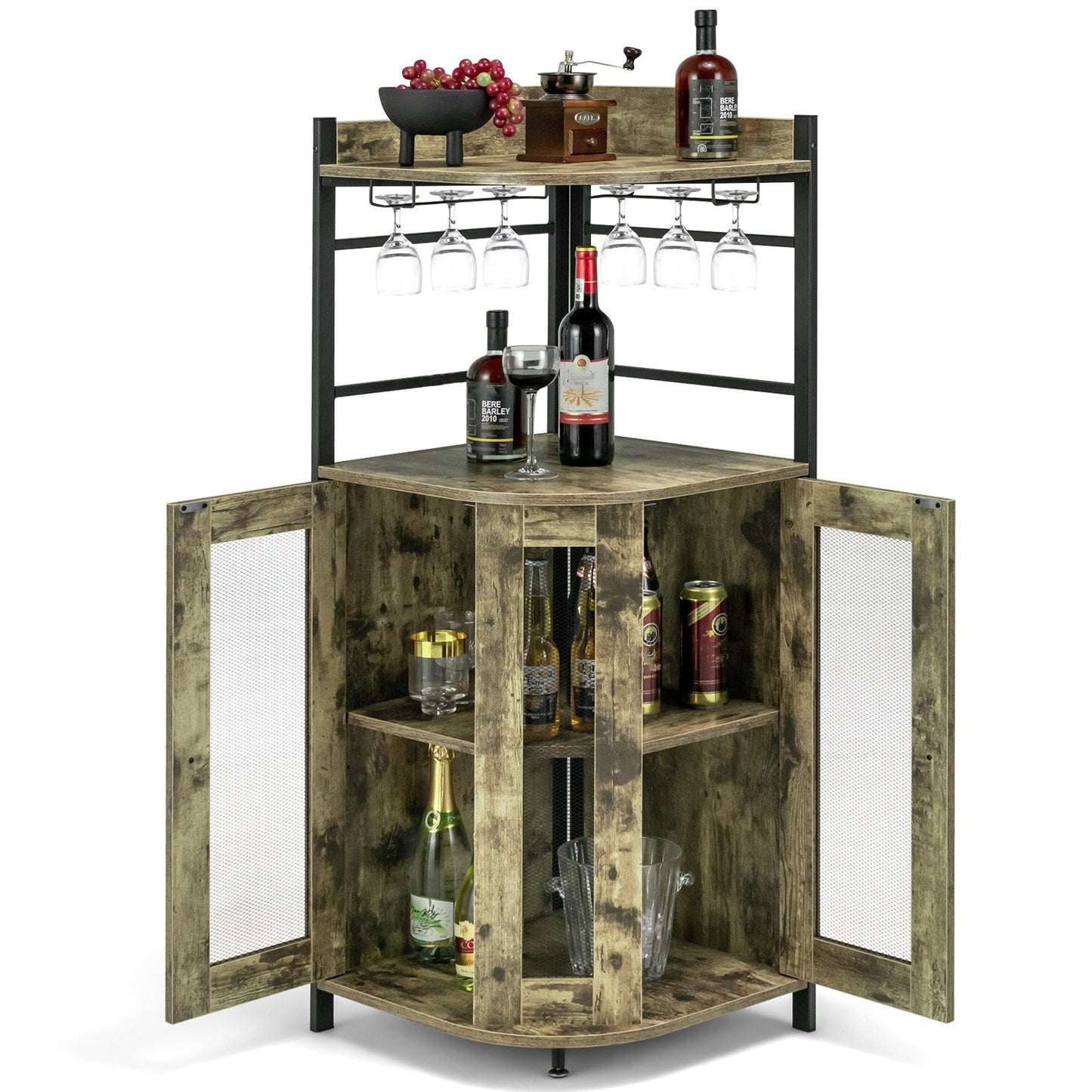 Industrial Corner Bar Cabinet with Glass Holder and Adjustable Shelf, Taupe