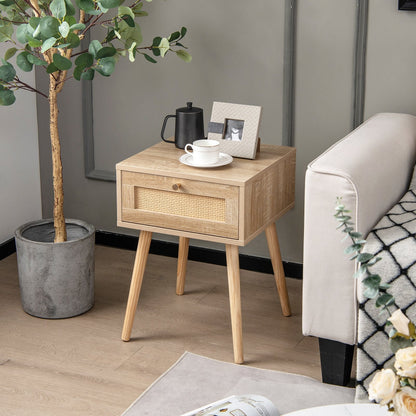 Modern Rattan Nightstand with Drawer and Solid Wood Legs for Bedroom and Living Room, Natural