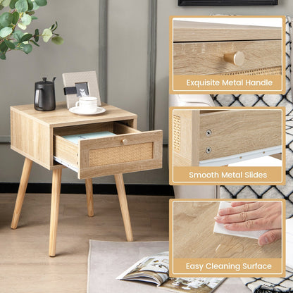Modern Rattan Nightstand with Drawer and Solid Wood Legs for Bedroom and Living Room, Natural