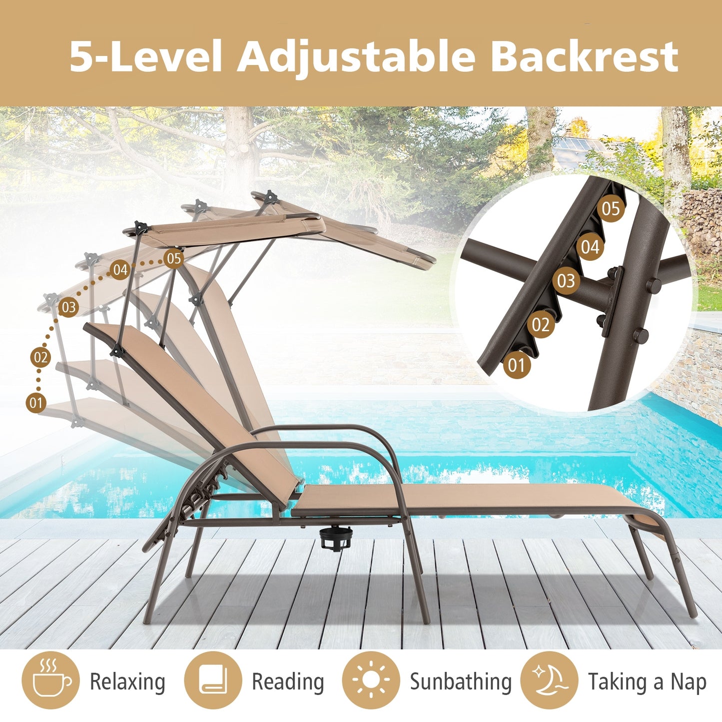 Heavy-Duty 5-Level Adjustable Chaise Lounge Chair, Brown Outdoor Chaise Lounges at Gallery Canada