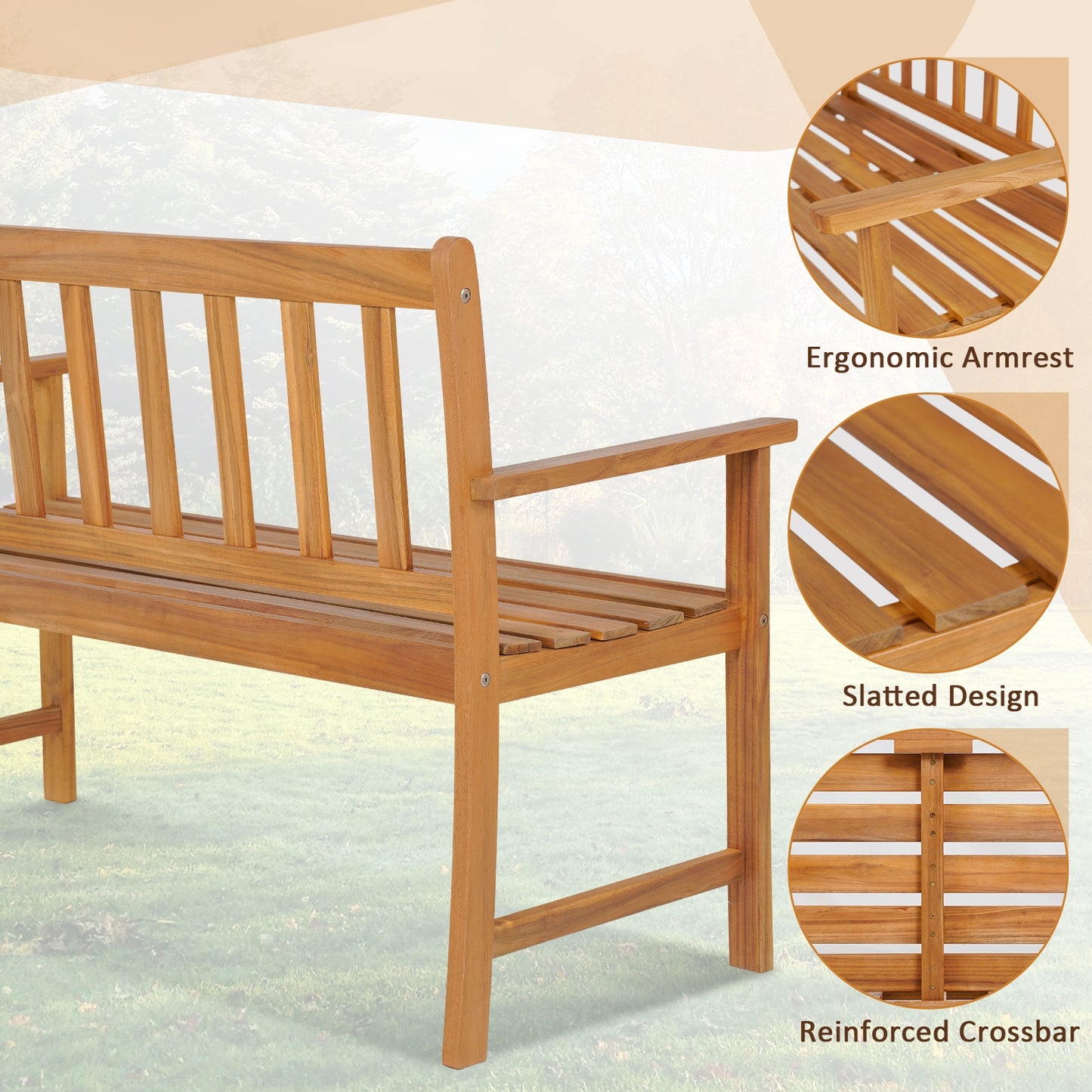 2-Person Outdoor Acacia Wood Bench with Backrest, Natural Outdoor Benches at Gallery Canada