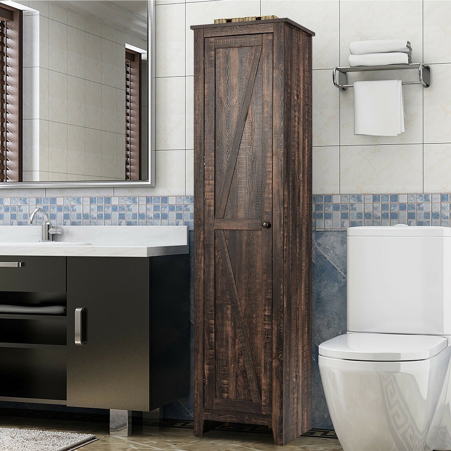Linen Tower Bathroom Storage Cabinet Tall Slim Side Organizer with Shelf, Walnut