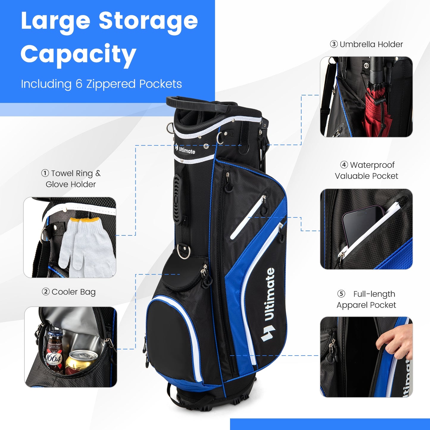 Lightweight Golf Stand Bag with 14 Way Top Dividers and 6 Pockets, Blue Golf at Gallery Canada