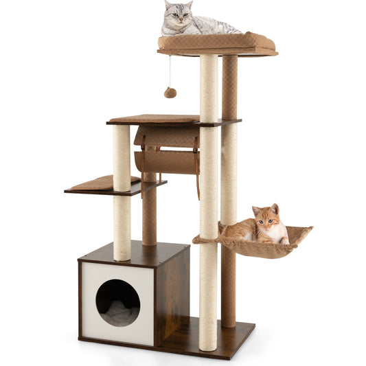 53 Inch Cat Tree with Condo and Swing Tunnel, Brown