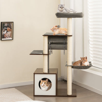 53 Inch Cat Tree with Condo and Swing Tunnel, Gray
