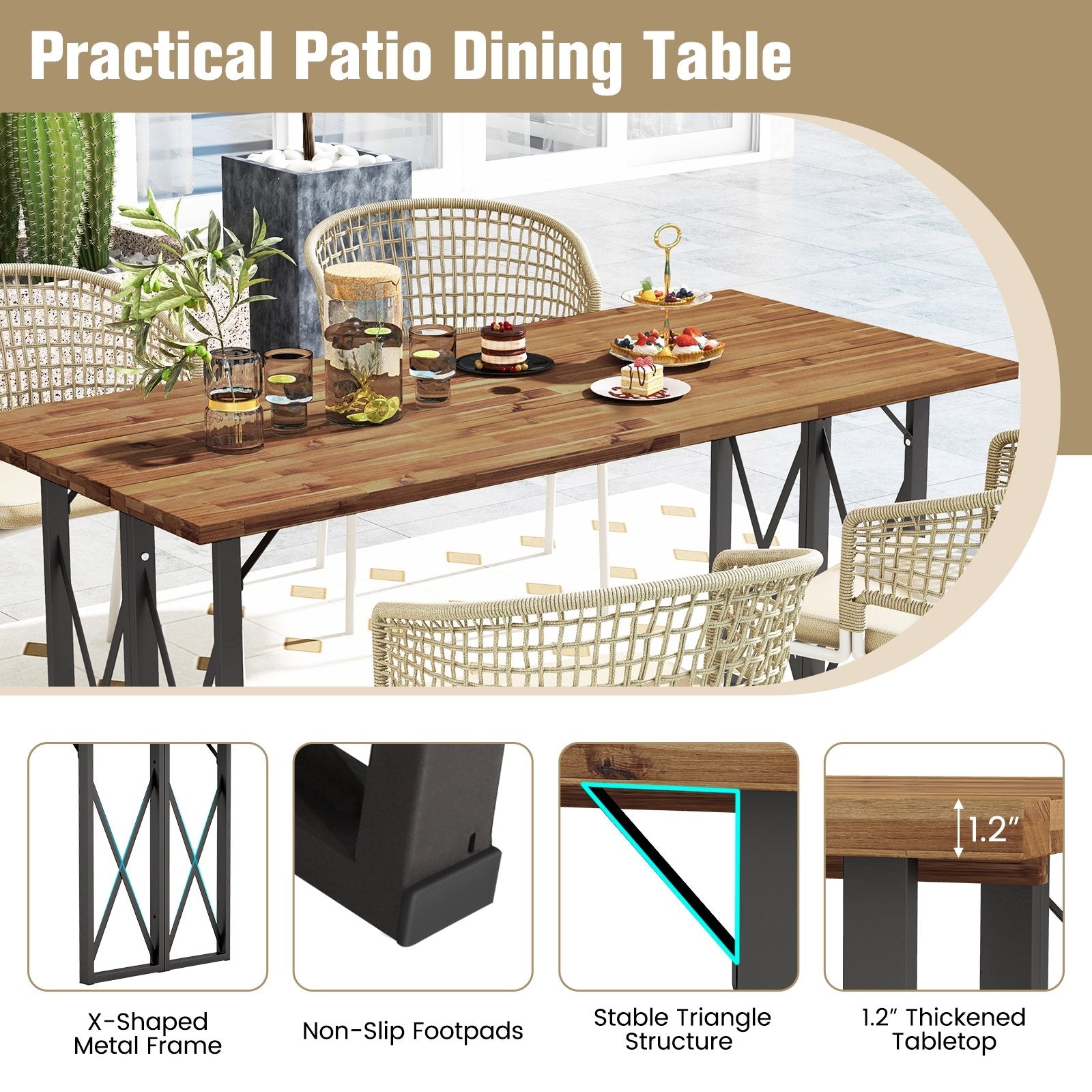 67 Inch Patio Rectangle Acacia Wood Dining Table with Umbrella Hole, Brown at Gallery Canada