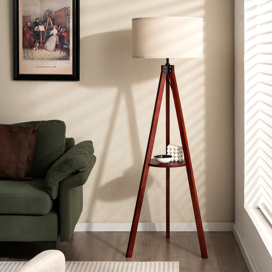 Tripod Floor Lamp Wood Standing Lamp with Flaxen Lamp Shade and E26 Lamp Base, Brown Table & Floor Lamps Brown at Gallery Canada