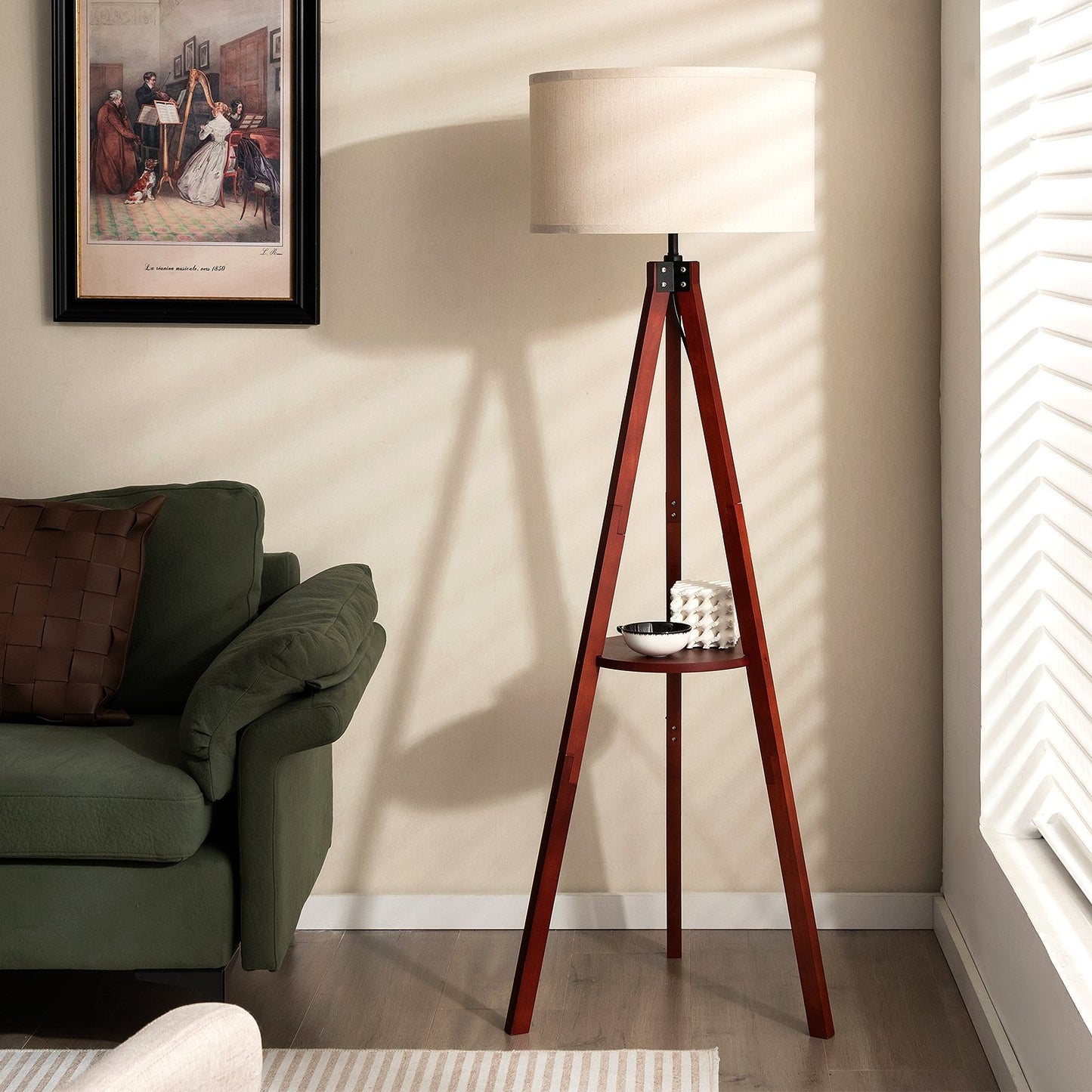 Tripod Floor Lamp Wood Standing Lamp with Flaxen Lamp Shade and E26 Lamp Base, Brown