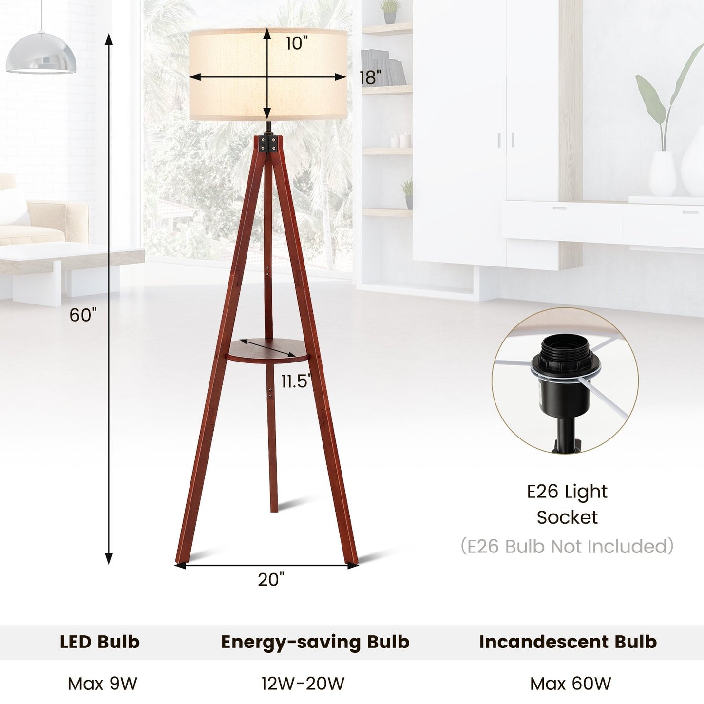 Tripod Floor Lamp Wood Standing Lamp with Flaxen Lamp Shade and E26 Lamp Base, Brown