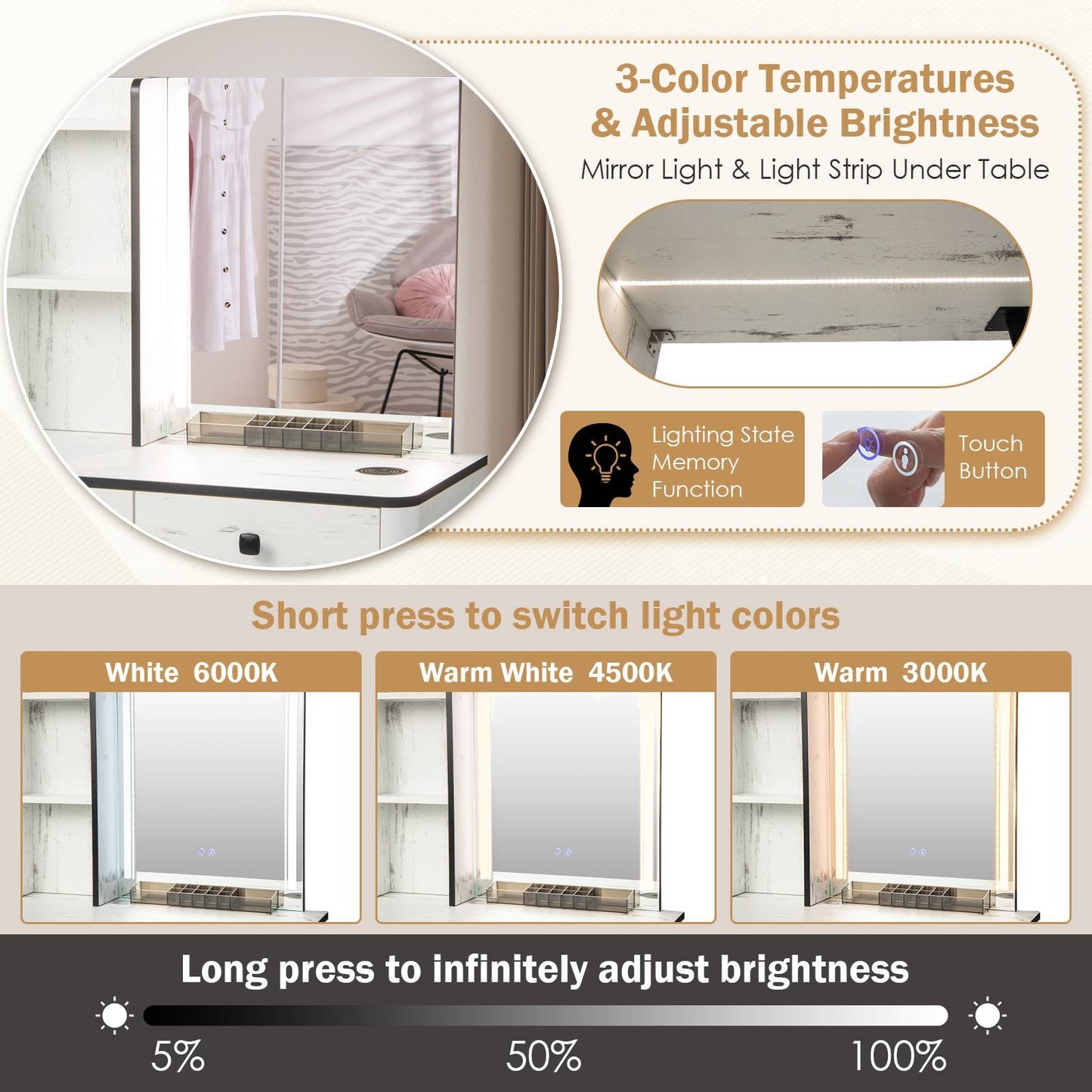 Vanity Makeup Table Set With Lighted Mirror, White Makeup Vanities at Gallery Canada