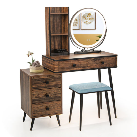 Vanity Table Set With 3-Color Lighted Mirror, Cushioned Stool, Rustic Brown Makeup Vanities Rustic Brown at Gallery Canada