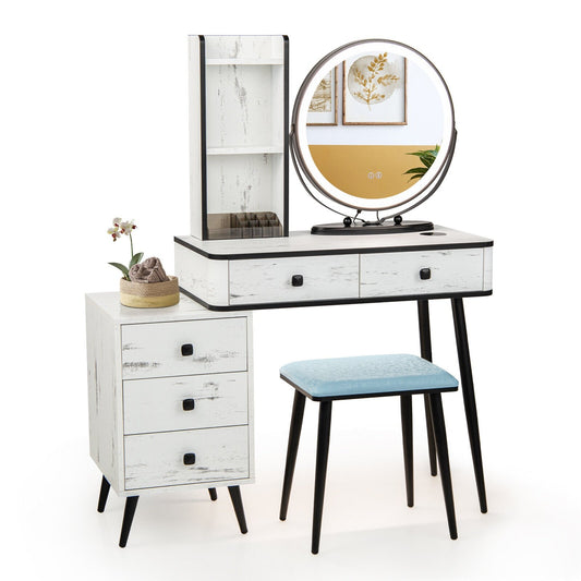 Vanity Table Set with 3-Color Lighted Mirror and Cushioned Stool, White