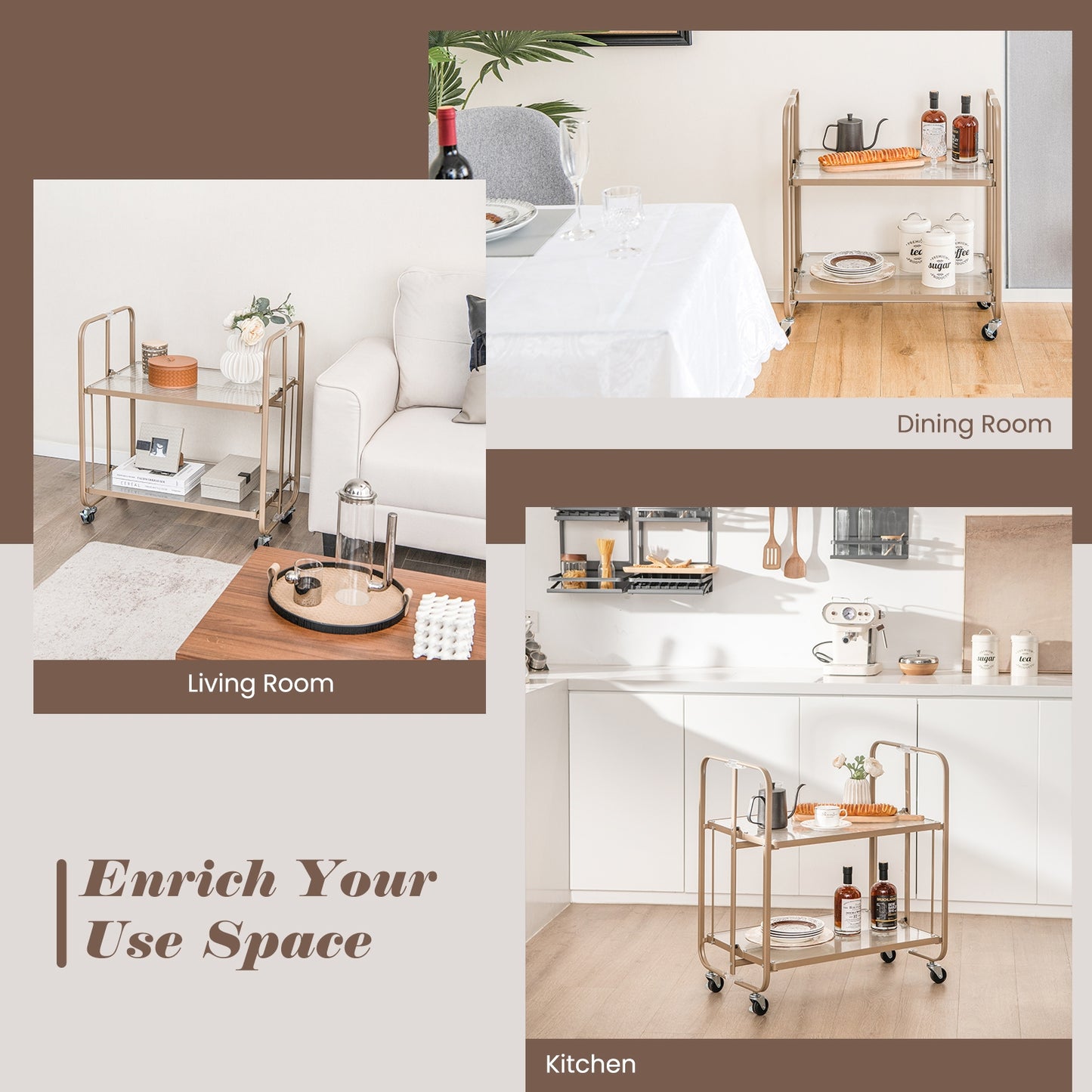 2-Tier Mobile Serving Cart with Tempered Glass Shelf, Golden Kitchen Islands & Carts at Gallery Canada