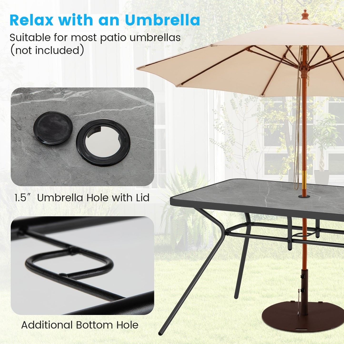 49 Inch Patio Rectangle Dining Table with Umbrella Hole, Black & Gray at Gallery Canada