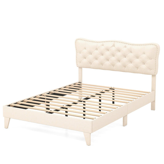 Full Size Bed Frame with Nail Headboard and Wooden Slats, Beige