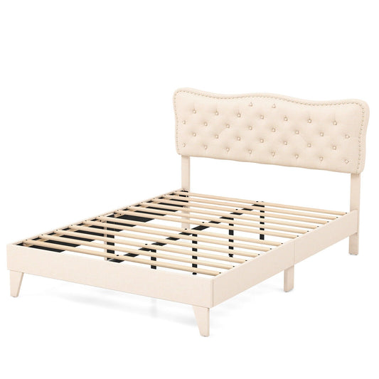 Full/Queen Size Bed Frame with Nail Headboard and Wooden Slats-Queen Size, Beige