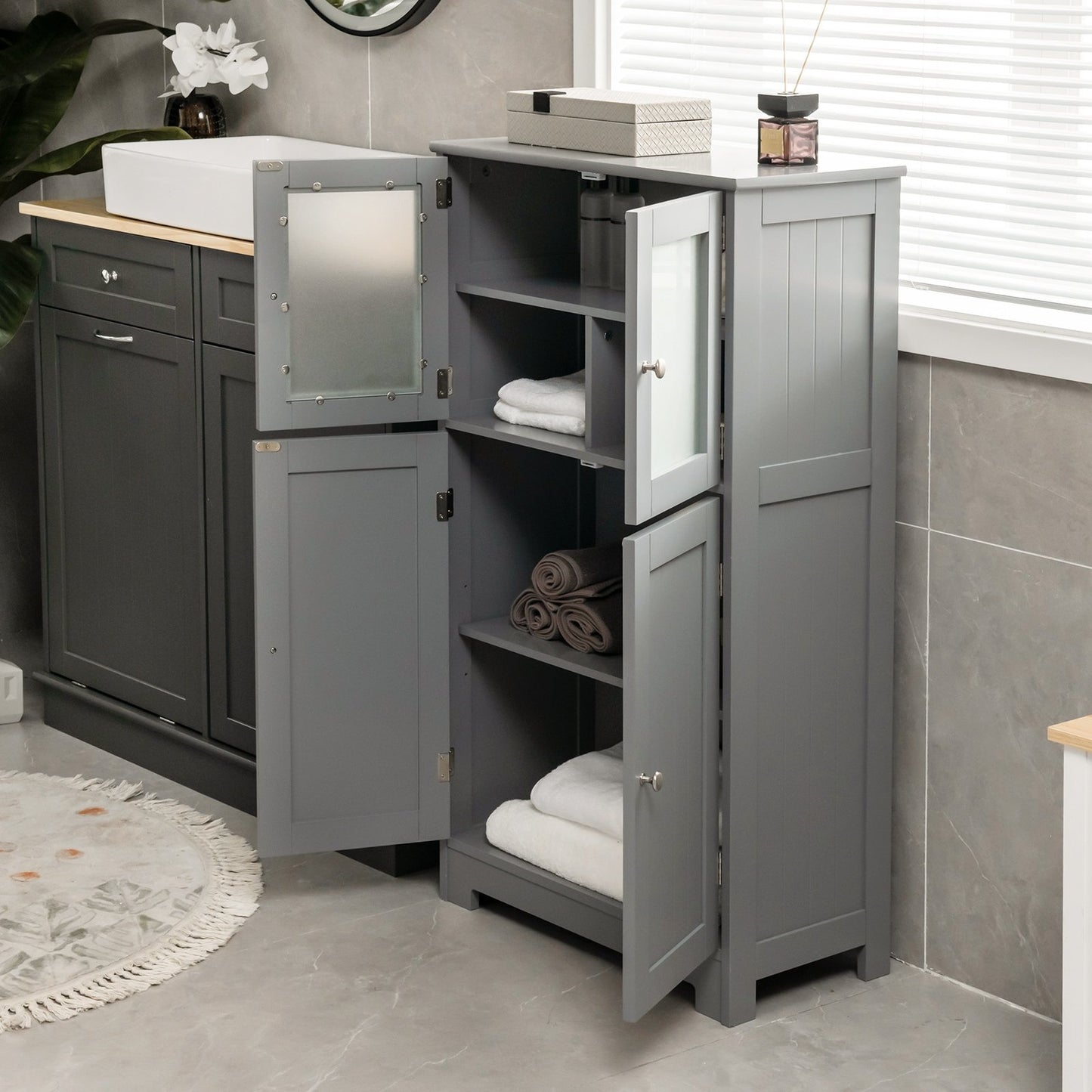 Bathroom Floor Storage Locker Kitchen Cabinet with Doors and Adjustable Shelf, Gray