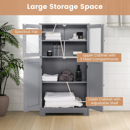 Bathroom Floor Storage Locker Kitchen Cabinet with Doors and Adjustable Shelf, Gray