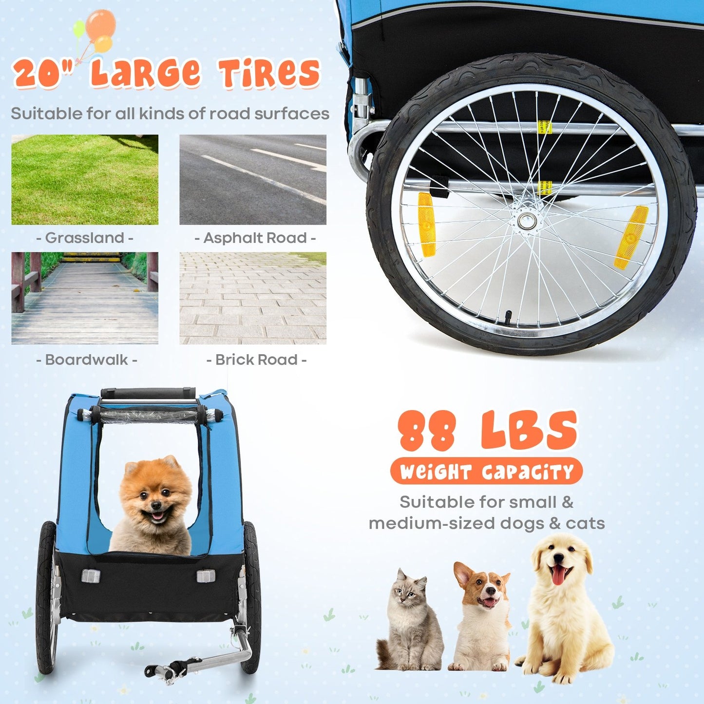 Dog Bike Trailer Foldable Pet Cart with 3 Entrances for Travel, Blue
