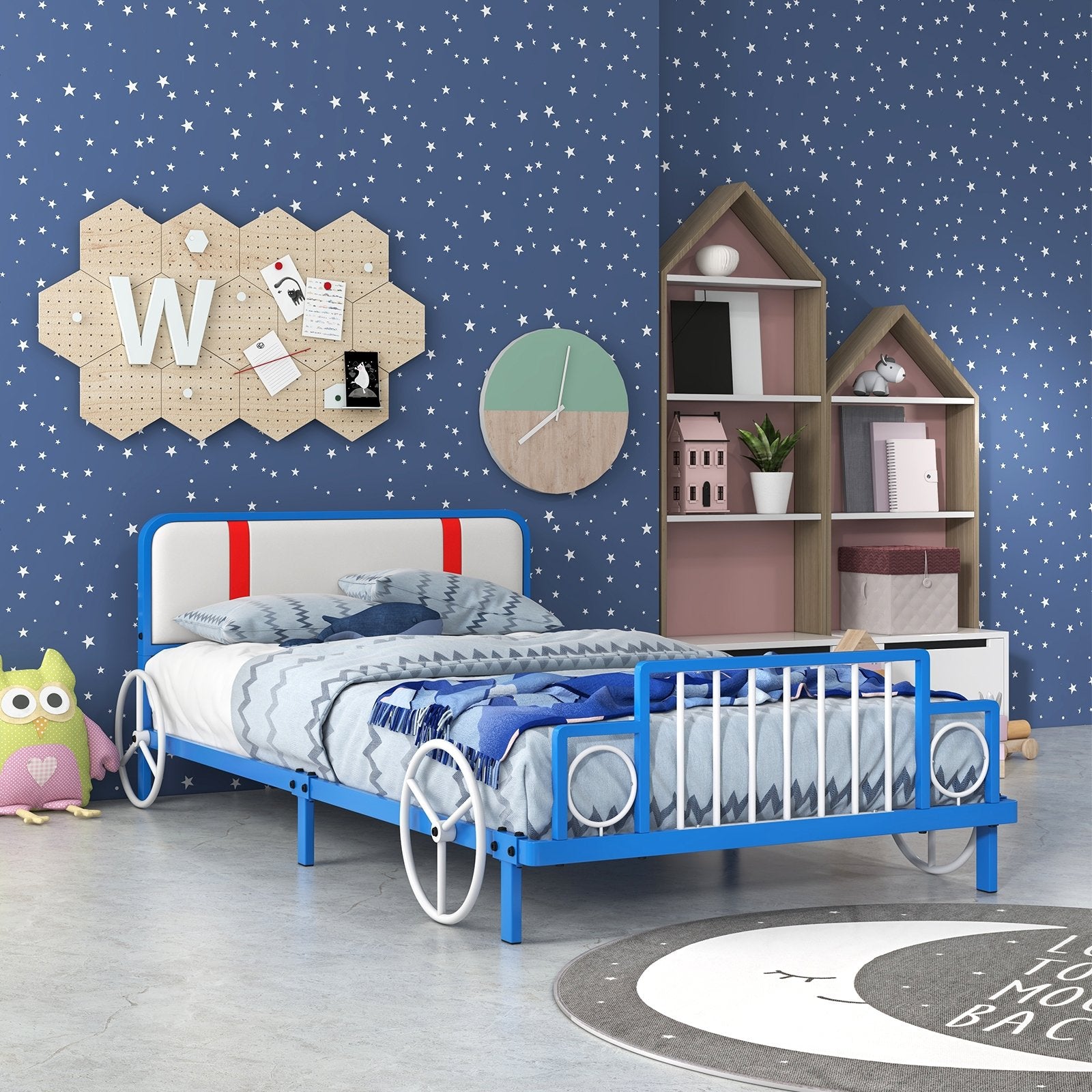 Twin Size Kids Bed Frame Car Shaped Metal Platform Bed with Upholstered Headboard at Gallery Canada