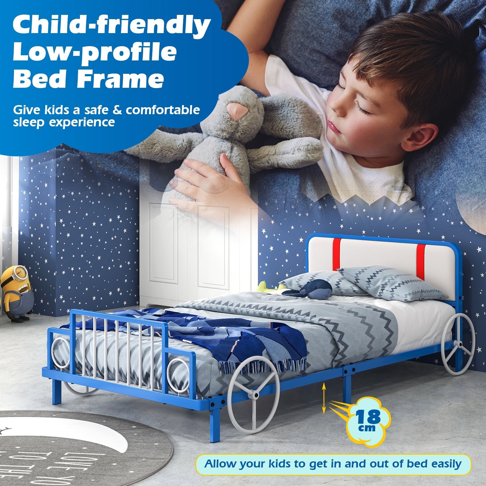 Twin Size Kids Bed Frame Car Shaped Metal Platform Bed with Upholstered Headboard at Gallery Canada