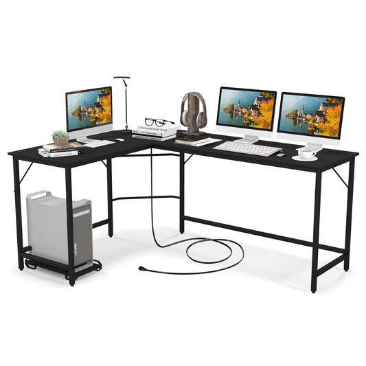 L-Shaped Computer Desk with CPU Stand Power Outlets and USB Ports, Black