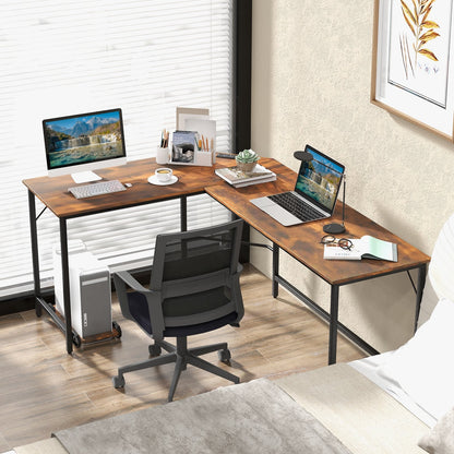 L-Shaped Computer Desk with CPU Stand Power Outlets and USB Ports, Rustic Brown