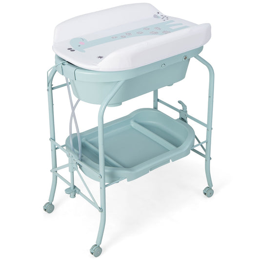 Folding Baby Changing Table with Bathtub and 4 Universal Wheels, Blue