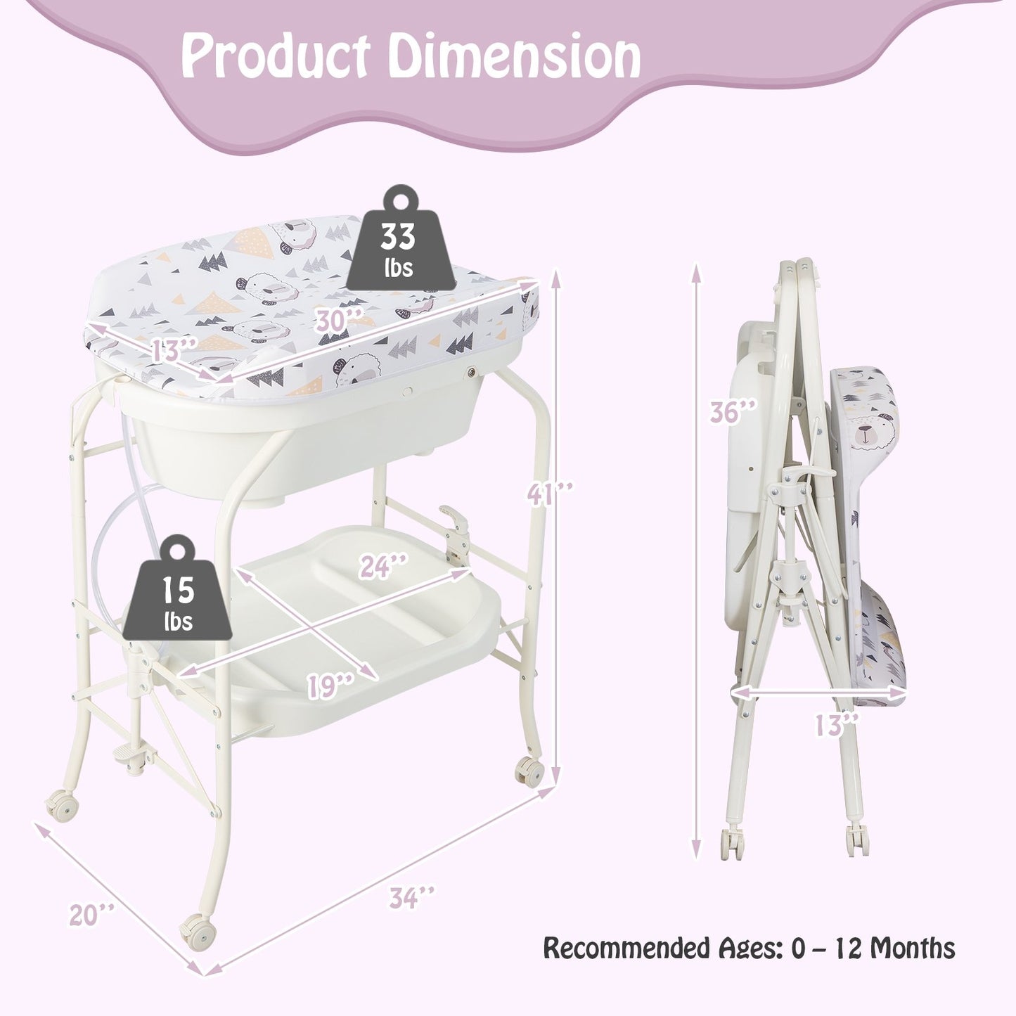 Folding Baby Changing Table with Bathtub and 4 Universal Wheels, White