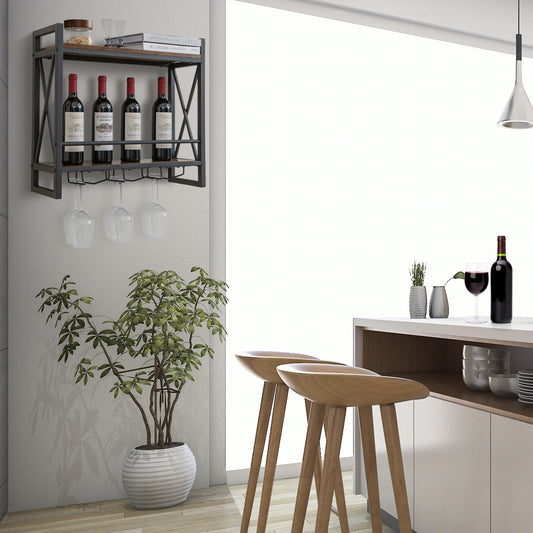Industrial Wall Mounted Wine Rack with 3 Stem Glass Holders Wine Racks Rustic Brown at Gallery Canada