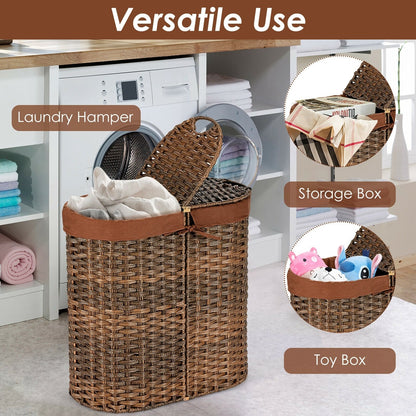 Handwoven Laundry Hamper Basket with 2 Removable Liner Bags, Brown