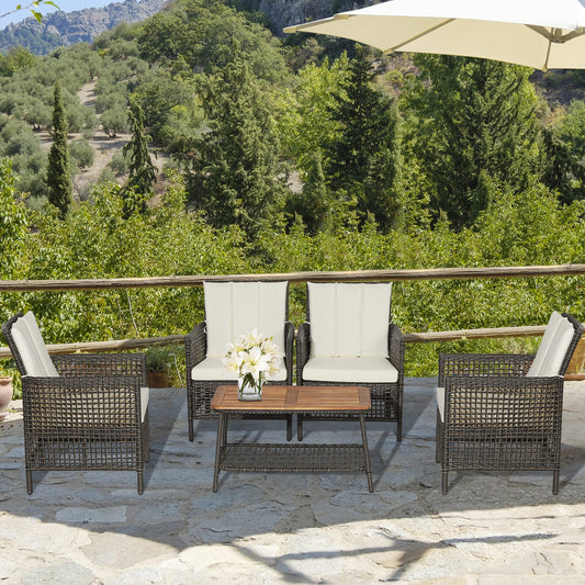 5 Piece Patio Rattan Furniture Set, Cushioned Sofa, Wooden Tabletop, Off White Patio Conversation Sets Off White at Gallery Canada
